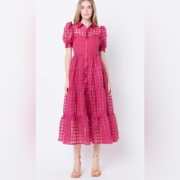 NWT English Factory Gridded Organza Tiered Collared Maxi Dress in Bordeaux S - Picture 1 of 14